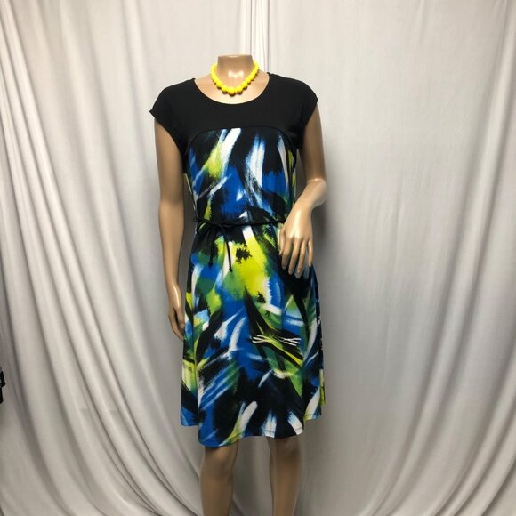 Soft Works Dress Womens Size Medium Abstract Print Black Cap Sleeves Stretch NEW - Picture 1 of 8